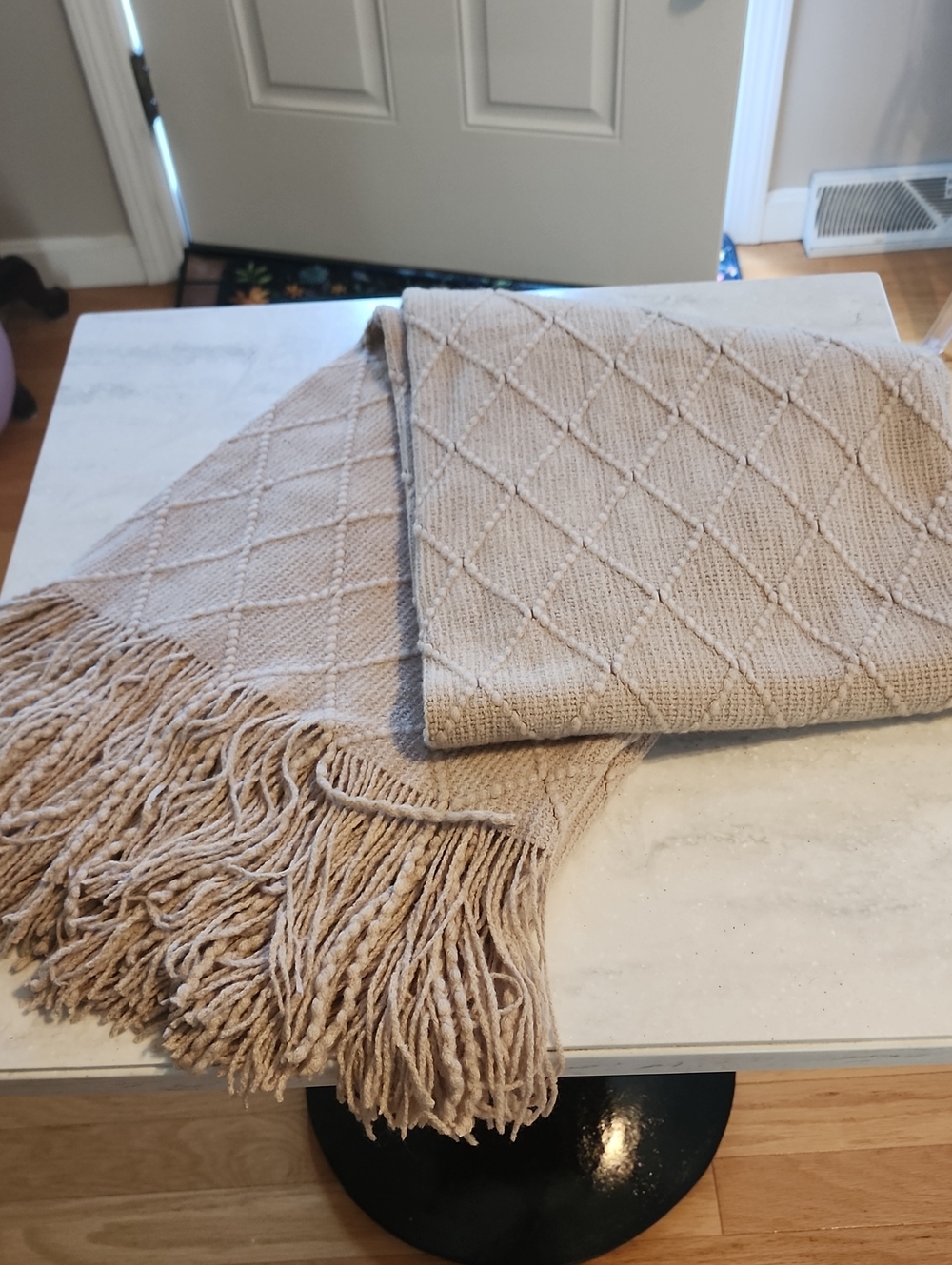 Soft Diamond Knit Fringe Throw Blanket - Tan 52x60